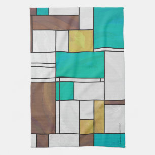 Mondrian Brown Yellow Teal Print Tea Towel