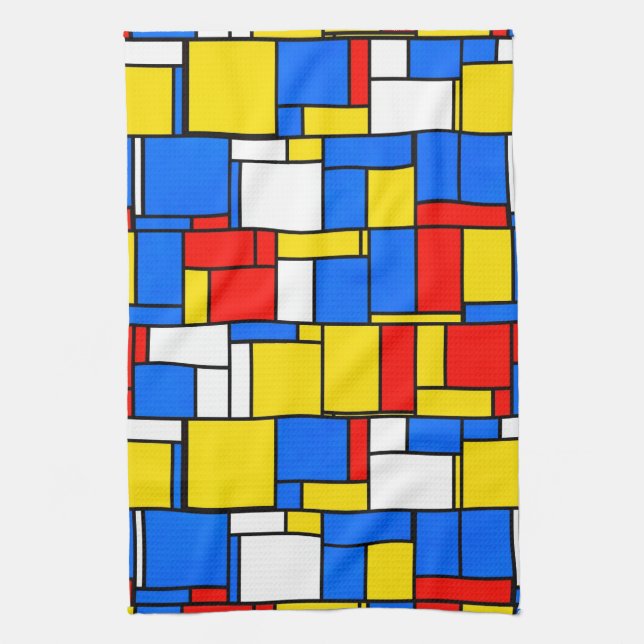 Mondrian Inspired Style Red Blue Yellow Pattern Tea Towel (Vertical)