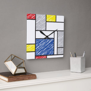 Mondrian Minimalist Scribbles Mod Art Wall Clock