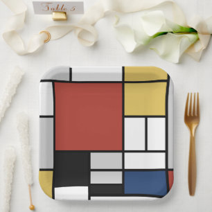 Mondrian Painting Red Plane Yellow Black Grey Blue Paper Plate