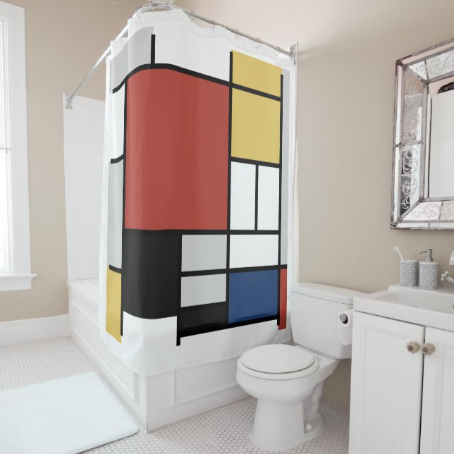 Mondrian Painting Red Plane Yellow Black Grey Blue Shower Curtain (In Situ)