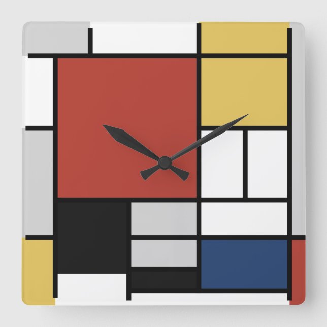 Mondrian Painting Red Plane Yellow Black Grey Blue Square Wall Clock (Front)