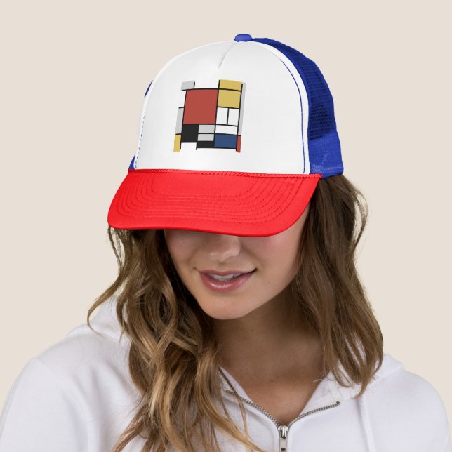 Mondrian Painting Red Plane Yellow Black Grey Blue Trucker Hat (In Situ)
