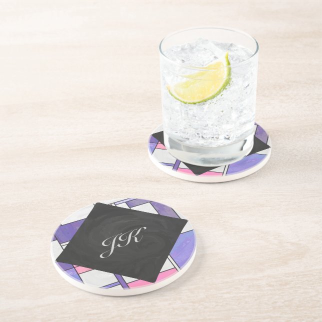 Mondrian Pink Purple White Print Coaster (Side)