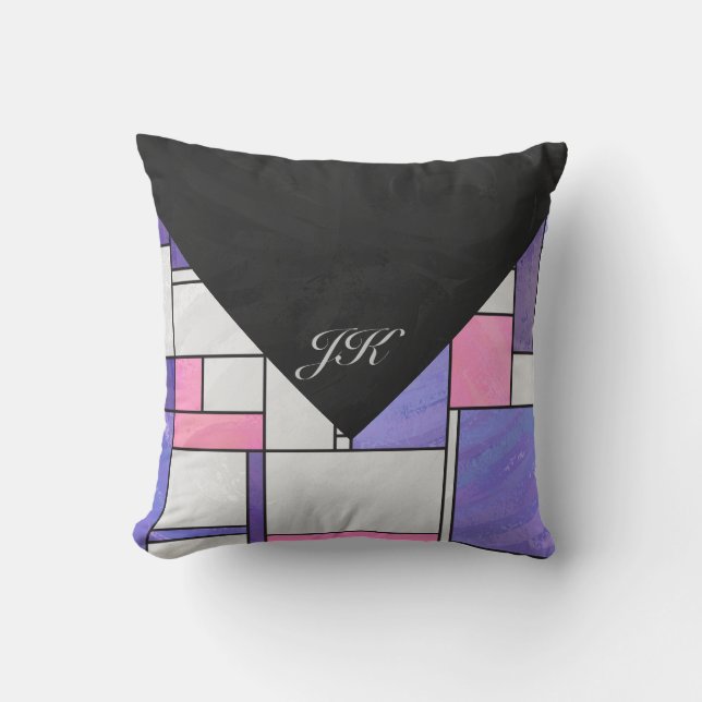 Mondrian Pink Purple White Print Cushion (Front)