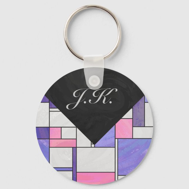 Mondrian Pink Purple White Print Key Ring (Front)