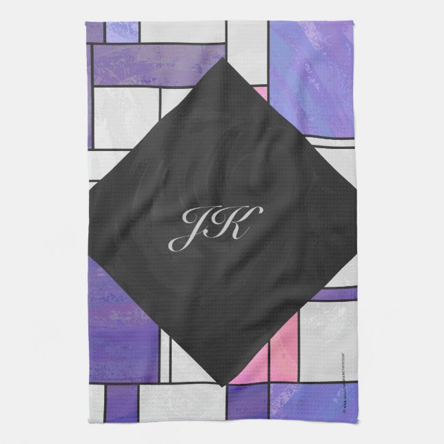 Mondrian Pink Purple White Print Tea Towel (Vertical)