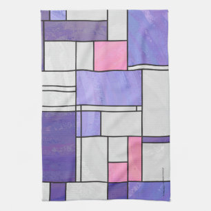 Mondrian Pink Purple White Print Tea Towel