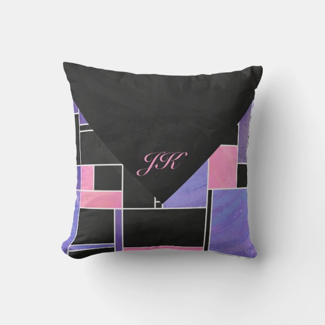 Mondrian Purple Pink Black Print Cushion (Front)