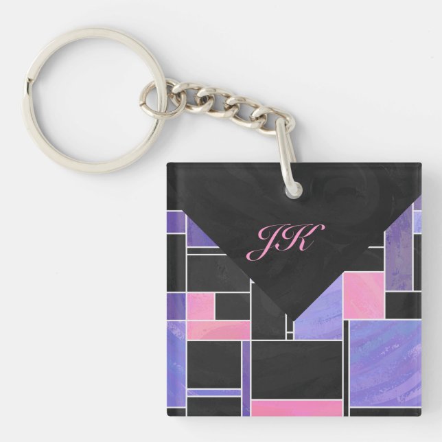 Mondrian Purple Pink Black Print Key Ring (Front)