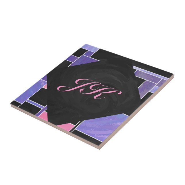 Mondrian Purple Pink Black Print Tile (Side)