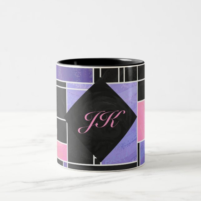 Mondrian Purple Pink Black Print Two-Tone Coffee Mug (Center)