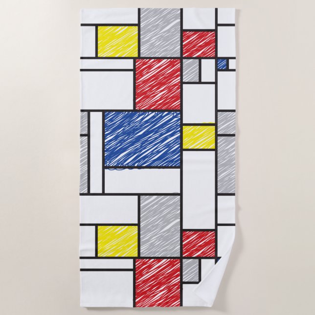 Mondrian Scribbles Minimalist De Stijl Modern Art Beach Towel (Front)