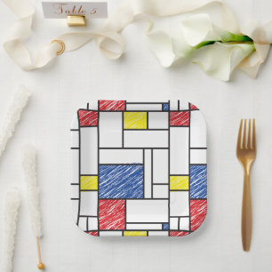Mondrian Scribbles Minimalist De Stijl Modern Art Paper Plate