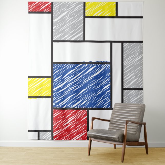 Mondrian Scribbles Minimalist De Stijl Modern Art Tapestry (In Situ)