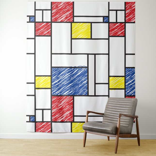 Mondrian Scribbles Minimalist De Stijl Modern Art Tapestry (In Situ)