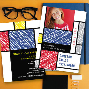 Mondrian Scribbles Modern Photo Graduation Party Invitation