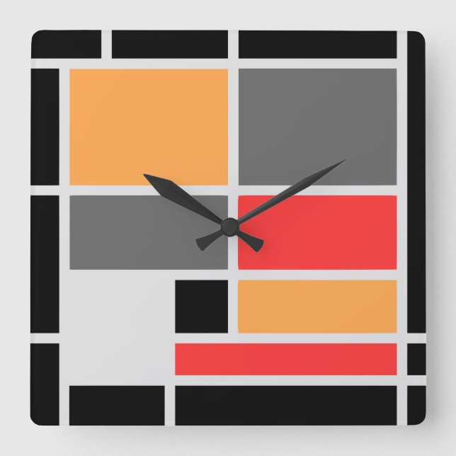 Mondrian style design orange red black grey square wall clock (Front)