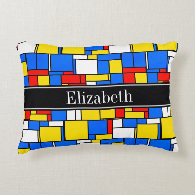 Mondrian Style Red Blue Yellow Black Name Monogram Decorative Cushion (Front)