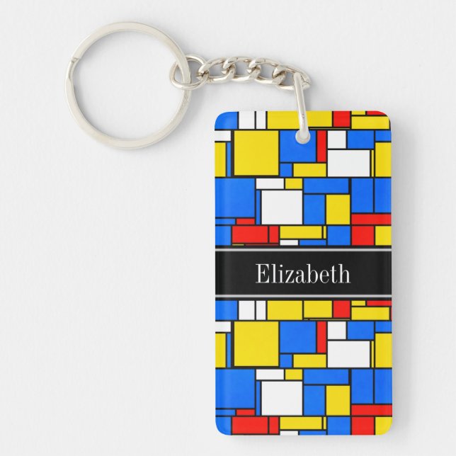Mondrian Style Red Blue Yellow Black Name Monogram Key Ring (Front)