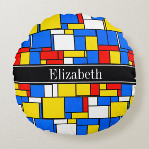 Mondrian Style Red Blue Yellow Black Name Monogram Round Cushion