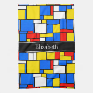 Mondrian Style Red Blue Yellow Black Name Monogram Tea Towel