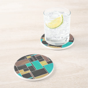 Mondrian Teal Brown Black Print Coaster