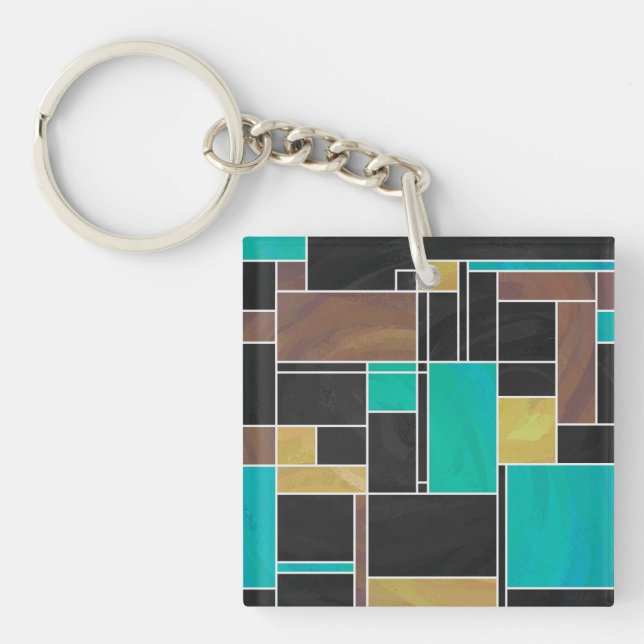 Mondrian Teal Brown Black Print Key Ring (Front)