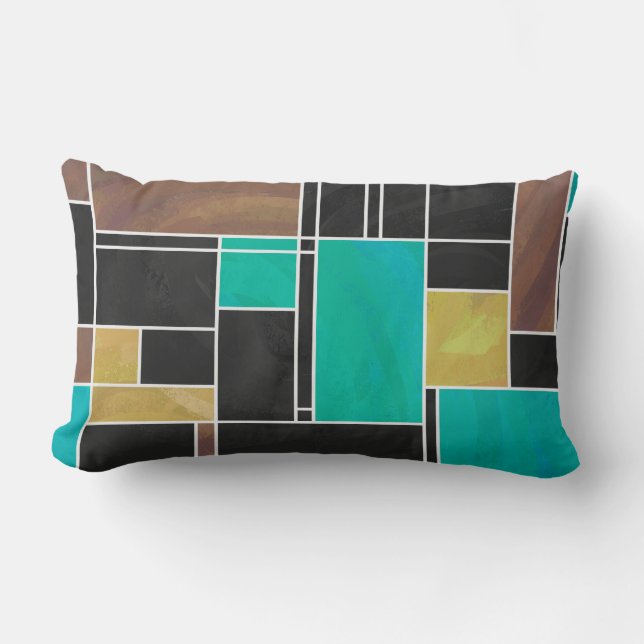 Mondrian Teal Brown Black Print Lumbar Cushion (Front)