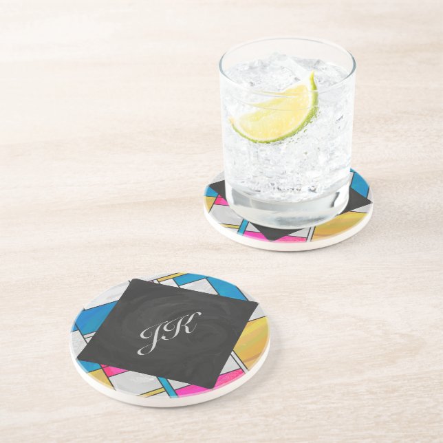 Mondrian Yellow Pink Blue Print Coaster (Side)