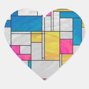 Mondrian Yellow Pink Blue Print Heart Sticker
