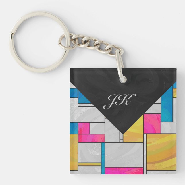 Mondrian Yellow Pink Blue Print Key Ring (Front)