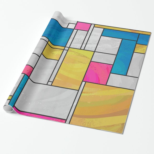 Mondrian Yellow Pink Blue Print Wrapping Paper (Unrolled)
