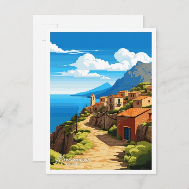 Monemvasia Greece Travel Vintage Illustration Postcard (Front/Back)