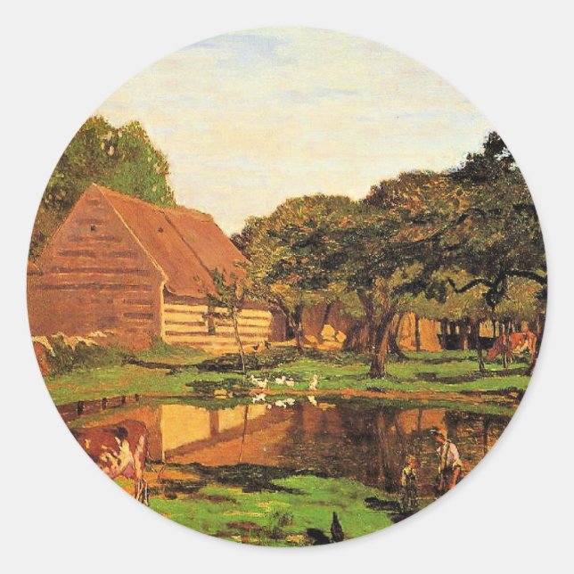 Monet - A Farmyard in Normandy, Classic Round Sticker (Front)