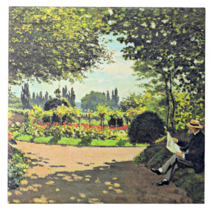 Monet - Adolphe Monet Reading in the Garden Ceramic Tile