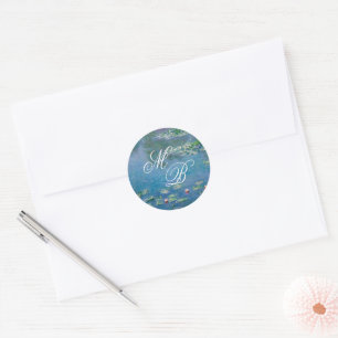 Monet Art Painting Water Lily Monogram Initials Classic Round Sticker