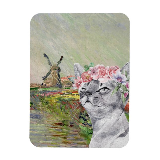 Monet Champ Tulipes and Fancy Cat Magnet (Vertical)