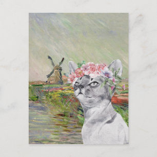 Monet Champ Tulipes and Fancy Cat Postcard