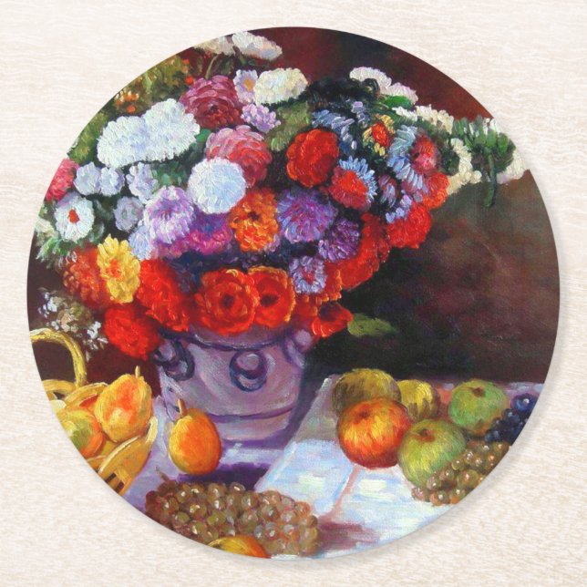 Monet Flowers and Fruit Round Paper Coaster (Front)