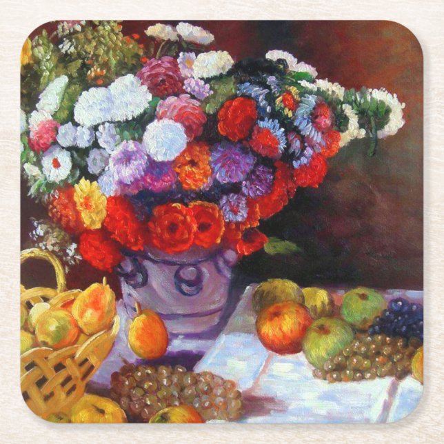 Monet Flowers and Fruit Square Paper Coaster (Front)