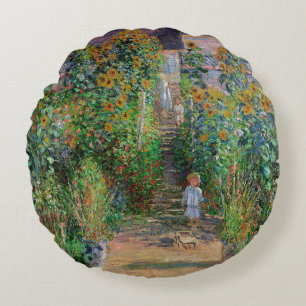 Monet Garden Vetheuil Impressionim Painting Round Cushion