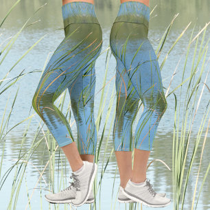 Monet inspired Lake Cattails Blue and Green Capri Leggings