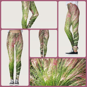 Monet inspired Pink and Green Muhly Grass Abstract Leggings