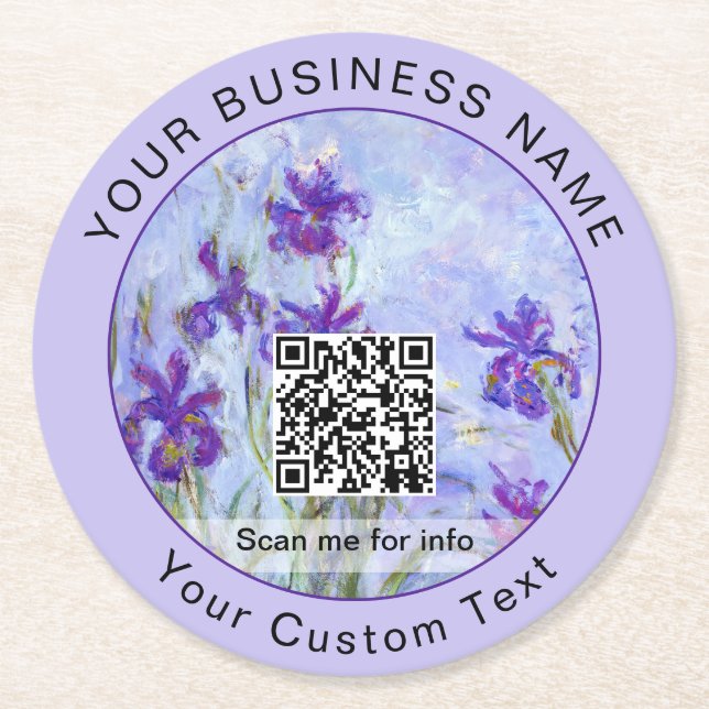 Monet - Lilac Irises / Iris Mauves - QR Code Round Paper Coaster (Front)