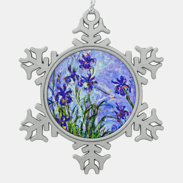 Monet - Lilac Irises, Snowflake Pewter Christmas Ornament (Front)