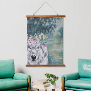 Monet Morning Seine and Grey Wolf  Hanging Tapestry