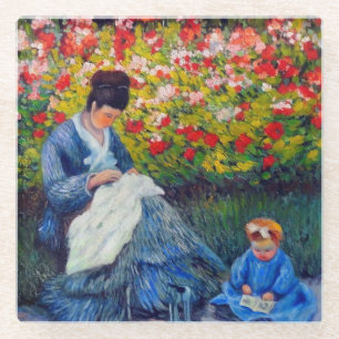 Monet Mother and Child in Garden Glass Coaster