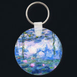 Monet Pink Water Lilies  Key Ring<br><div class="desc">A Monet pink water lilies button keychain featuring beautiful pink water lilies floating in a calm blue pond with lily pads. A great Monet gift for fans of impressionism and French art. Serene nature impressionism with lovely flowers and scenic pond landscape.</div>