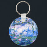 Monet Pink Water Lilies  Key Ring<br><div class="desc">A Monet pink water lilies button keychain featuring beautiful pink water lilies floating in a calm blue pond with lily pads. A great Monet gift for fans of impressionism and French art. Serene nature impressionism with lovely flowers and scenic pond landscape.</div>